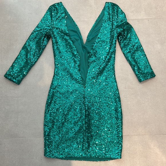 Aqua Small turquoise green sequin mini dress V neckline long sleeve open back - Picture 3 of 8